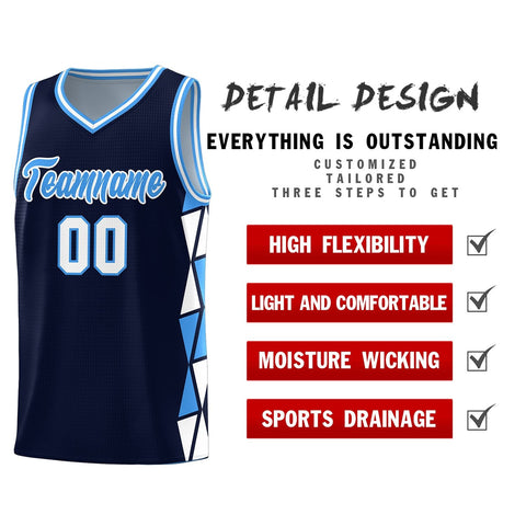 Custom Navy Powder Blue-White Side Two-Color Triangle Splicing Sports Uniform Basketball Jersey