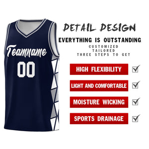 Custom Navy Gray-White Side Two-Color Triangle Splicing Sports Uniform Basketball Jersey