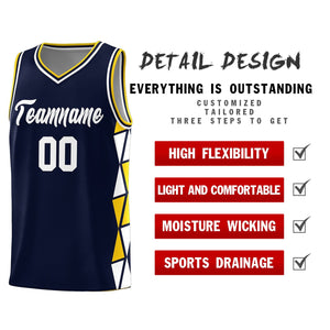 Custom Navy Gold-White Side Two-Color Triangle Splicing Sports Uniform Basketball Jersey