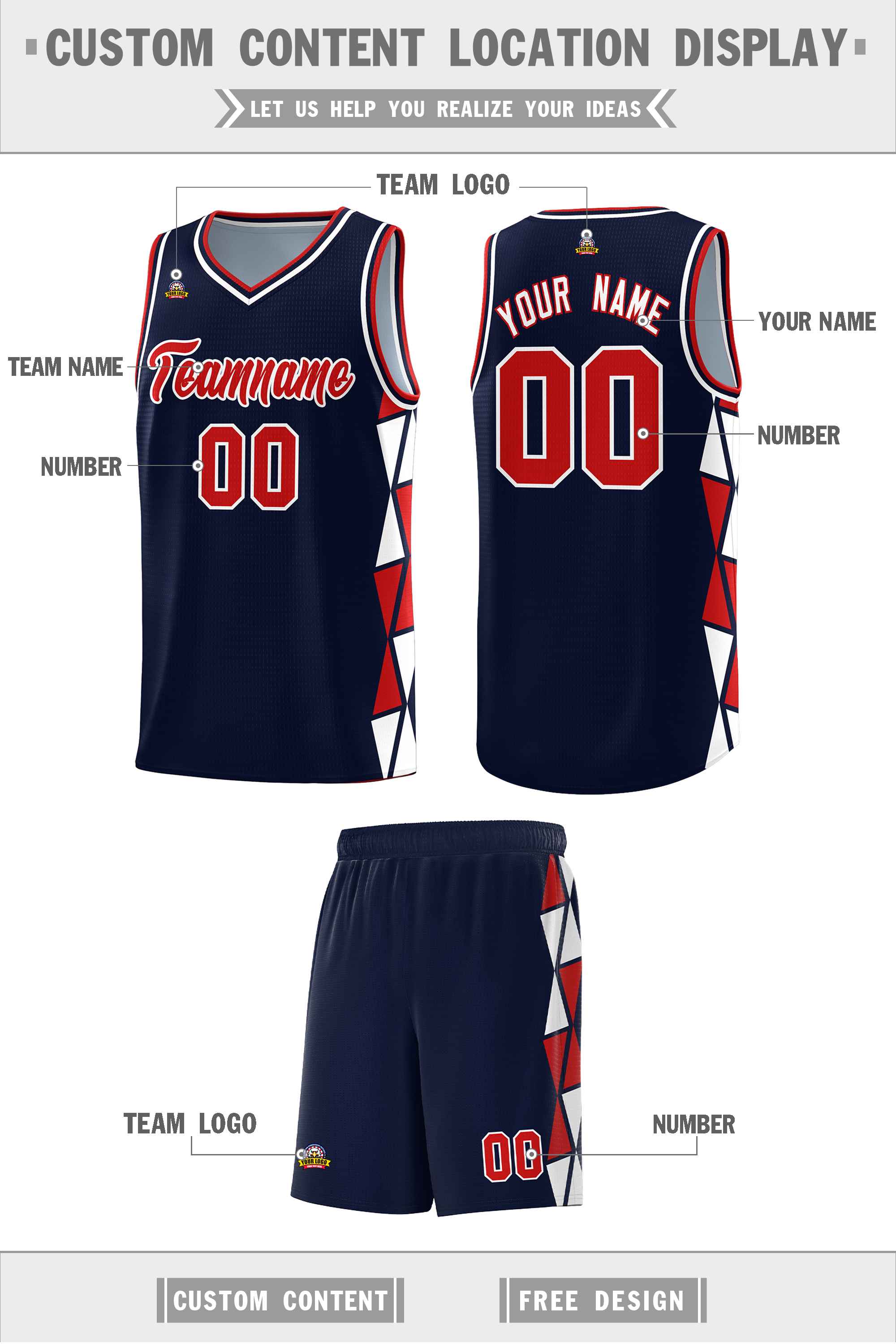 Custom Navy Red-White Side Two-Color Triangle Splicing Sports Uniform Basketball Jersey