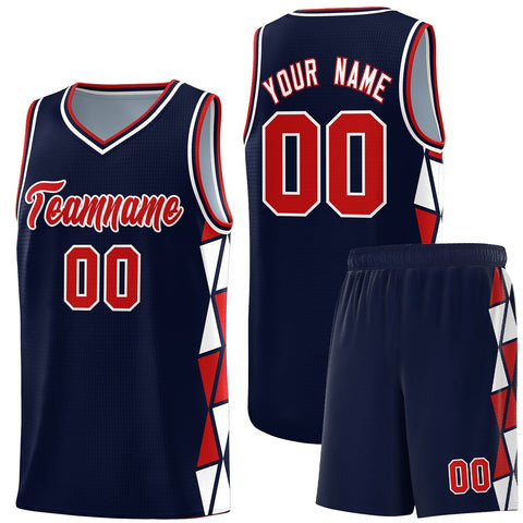 Custom Navy Red-White Side Two-Color Triangle Splicing Sports Uniform Basketball Jersey