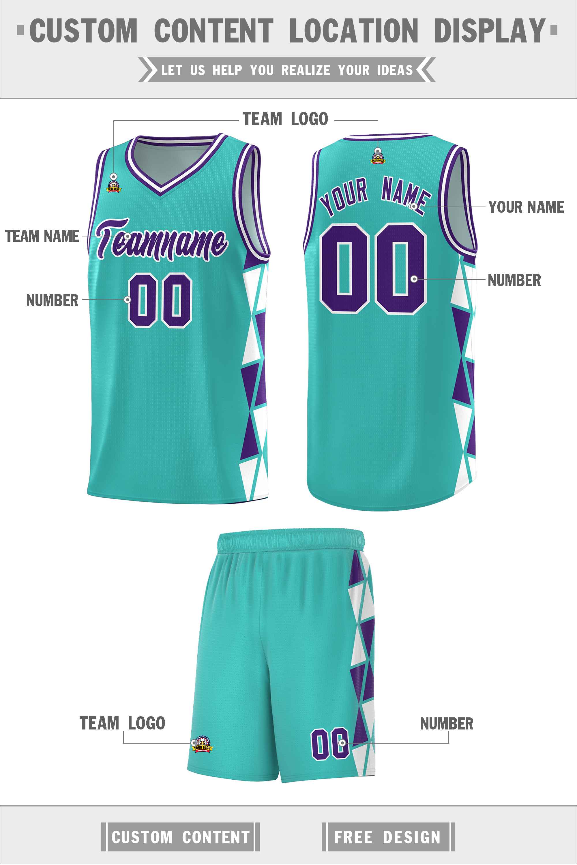 Custom Aqua Purple-White Side Two-Color Triangle Splicing Sports Uniform Basketball Jersey