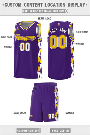 Custom Purple Gold-White Side Two-Color Triangle Splicing Sports Uniform Basketball Jersey