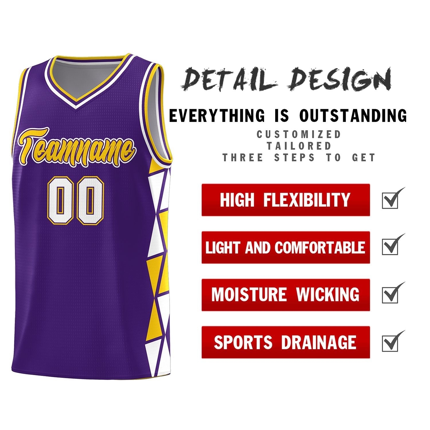 Custom Purple Gold-White Side Two-Color Triangle Splicing Sports Uniform Basketball Jersey