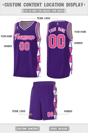 Custom Purple Pink-White Side Two-Color Triangle Splicing Sports Uniform Basketball Jersey