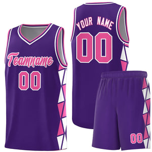 Custom Purple Pink-White Side Two-Color Triangle Splicing Sports Uniform Basketball Jersey