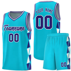 Custom Sky Blue Violet-White Side Two-Color Triangle Splicing Sports Uniform Basketball Jersey