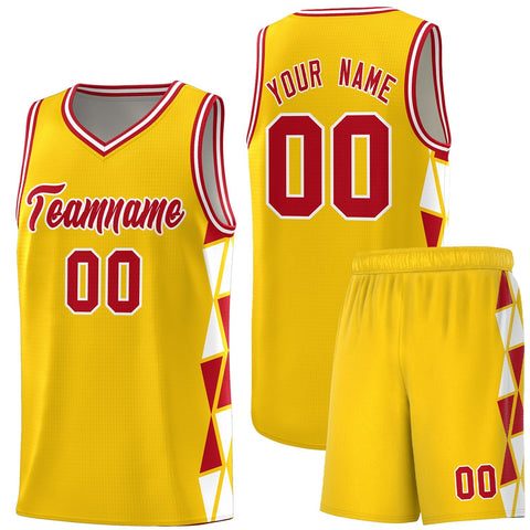 Custom Gold Red-White Side Two-Color Triangle Splicing Sports Uniform Basketball Jersey