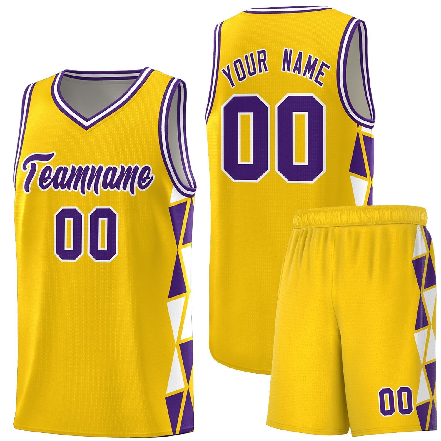 Custom Gold Purple-White Side Two-Color Triangle Splicing Sports Uniform Basketball Jersey