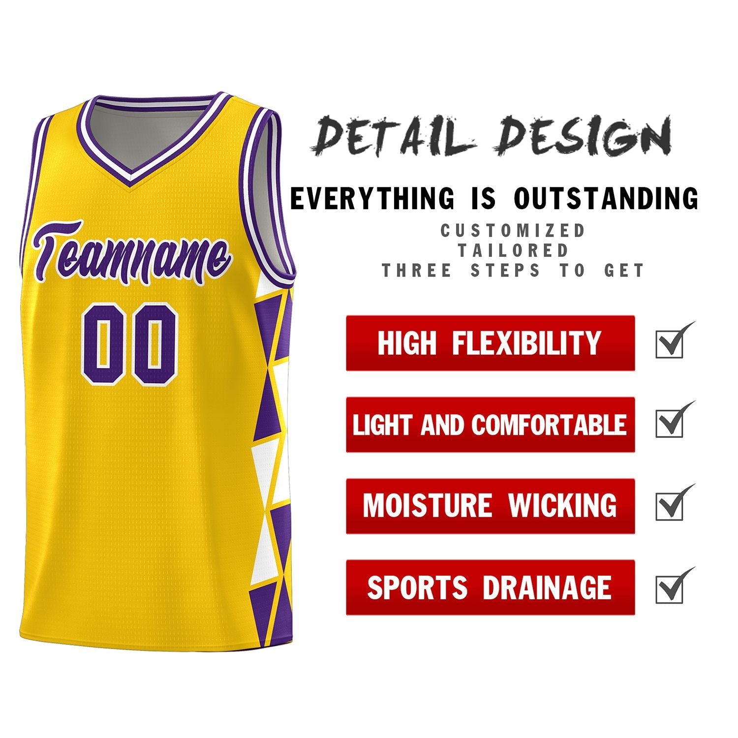 Custom Gold Purple-White Side Two-Color Triangle Splicing Sports Uniform Basketball Jersey