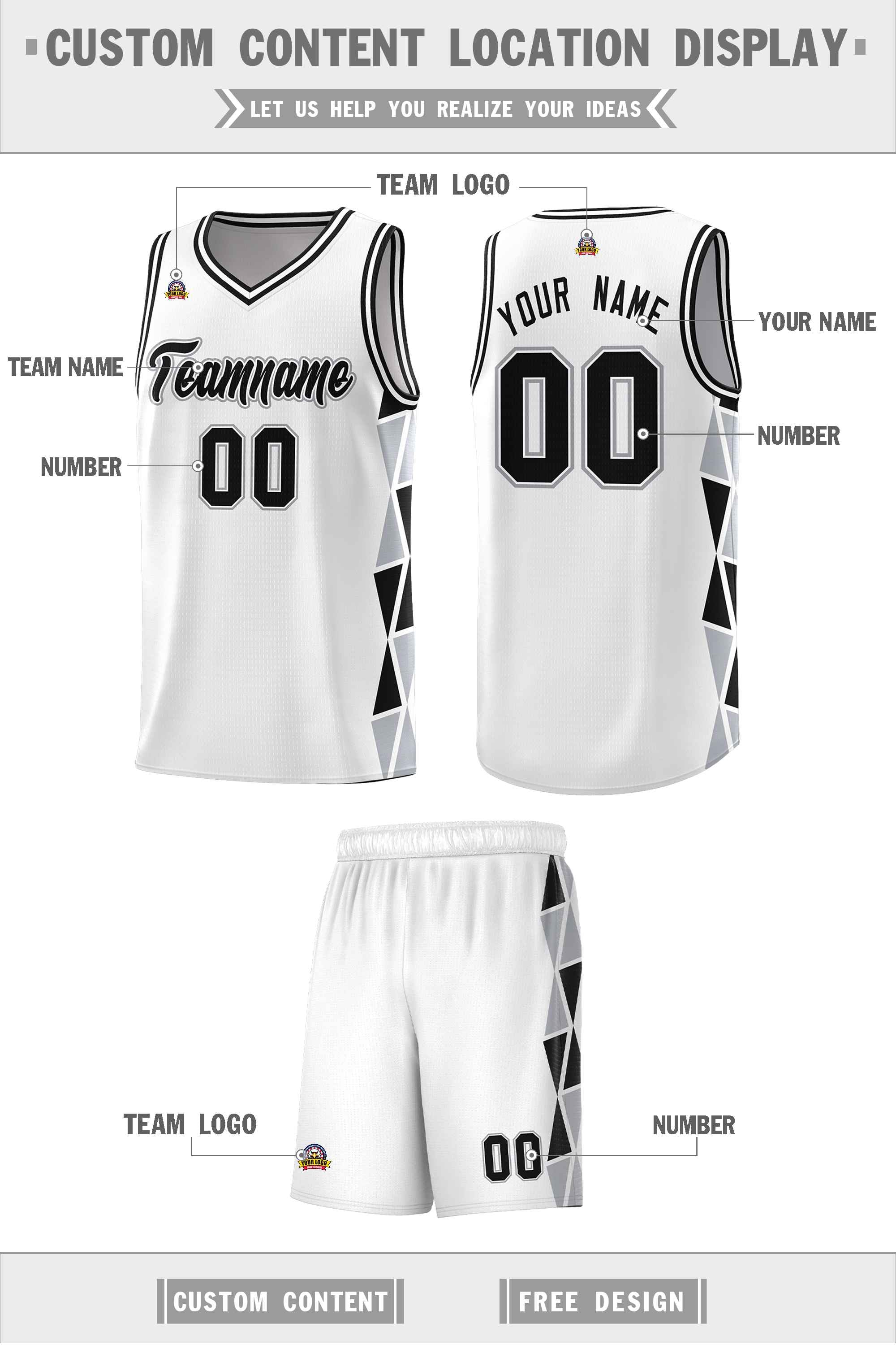 Custom White Black-Gray Side Two-Color Triangle Splicing Sports Uniform Basketball Jersey