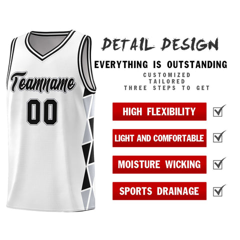 Custom White Black-Gray Side Two-Color Triangle Splicing Sports Uniform Basketball Jersey