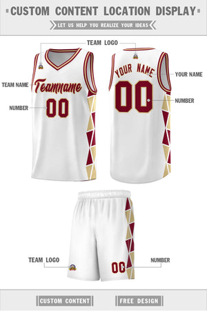 Custom White Crimson-Khaki Side Two-Color Triangle Splicing Sports Uniform Basketball Jersey