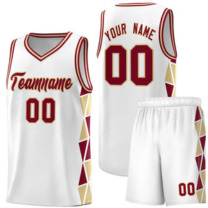 Custom White Crimson-Khaki Side Two-Color Triangle Splicing Sports Uniform Basketball Jersey