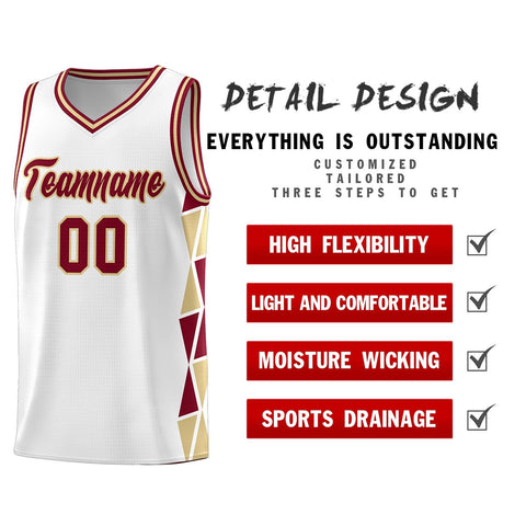 Custom White Crimson-Khaki Side Two-Color Triangle Splicing Sports Uniform Basketball Jersey