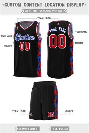 Custom Black Royal-Red Side Two-Color Triangle Splicing Sports Uniform Basketball Jersey