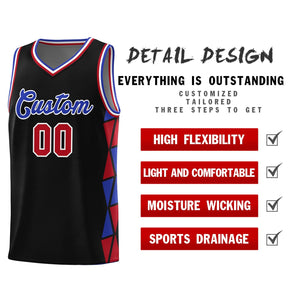 Custom Black Royal-Red Side Two-Color Triangle Splicing Sports Uniform Basketball Jersey