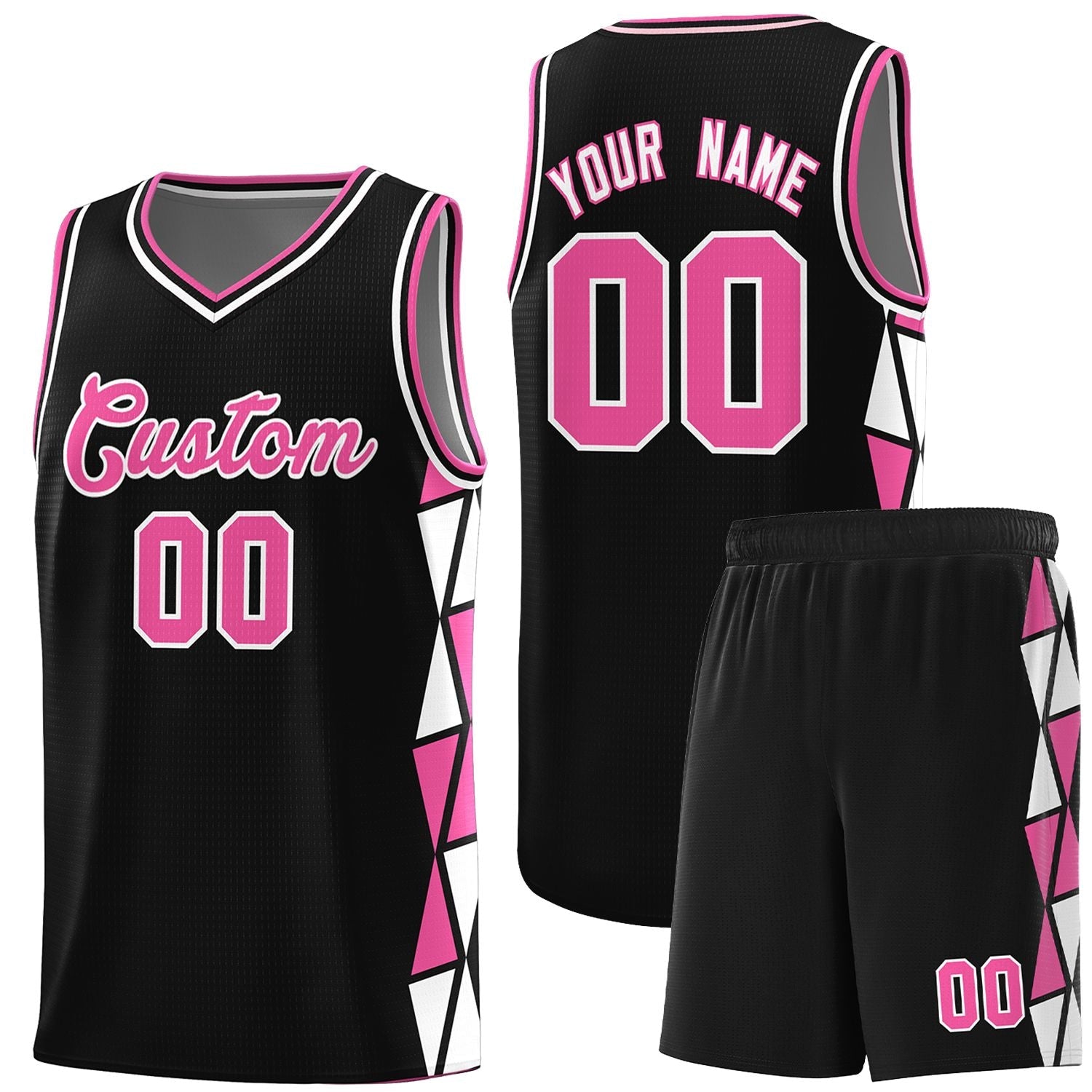 Custom Black Pink-White Side Two-Color Triangle Splicing Sports Uniform Basketball Jersey