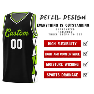 Custom Black Neon Green-White Side Two-Color Triangle Splicing Sports Uniform Basketball Jersey