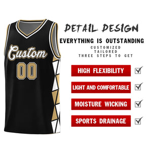 Custom Black Old Gold-White Side Two-Color Triangle Splicing Sports Uniform Basketball Jersey