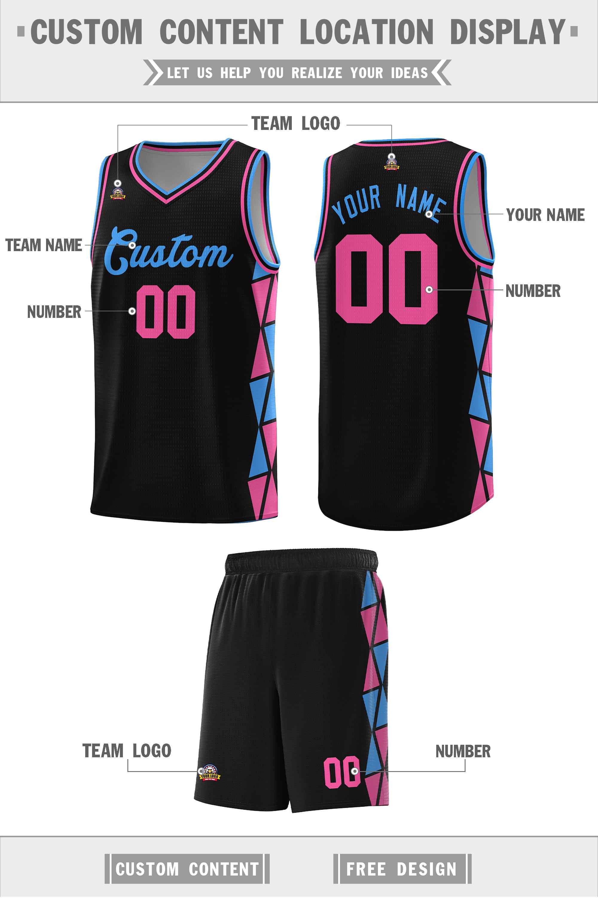 Custom Black Powder Blue-Pink Side Two-Color Triangle Splicing Sports Uniform Basketball Jersey