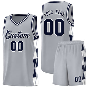 Custom Gray Navy-White Side Two-Color Triangle Splicing Sports Uniform Basketball Jersey