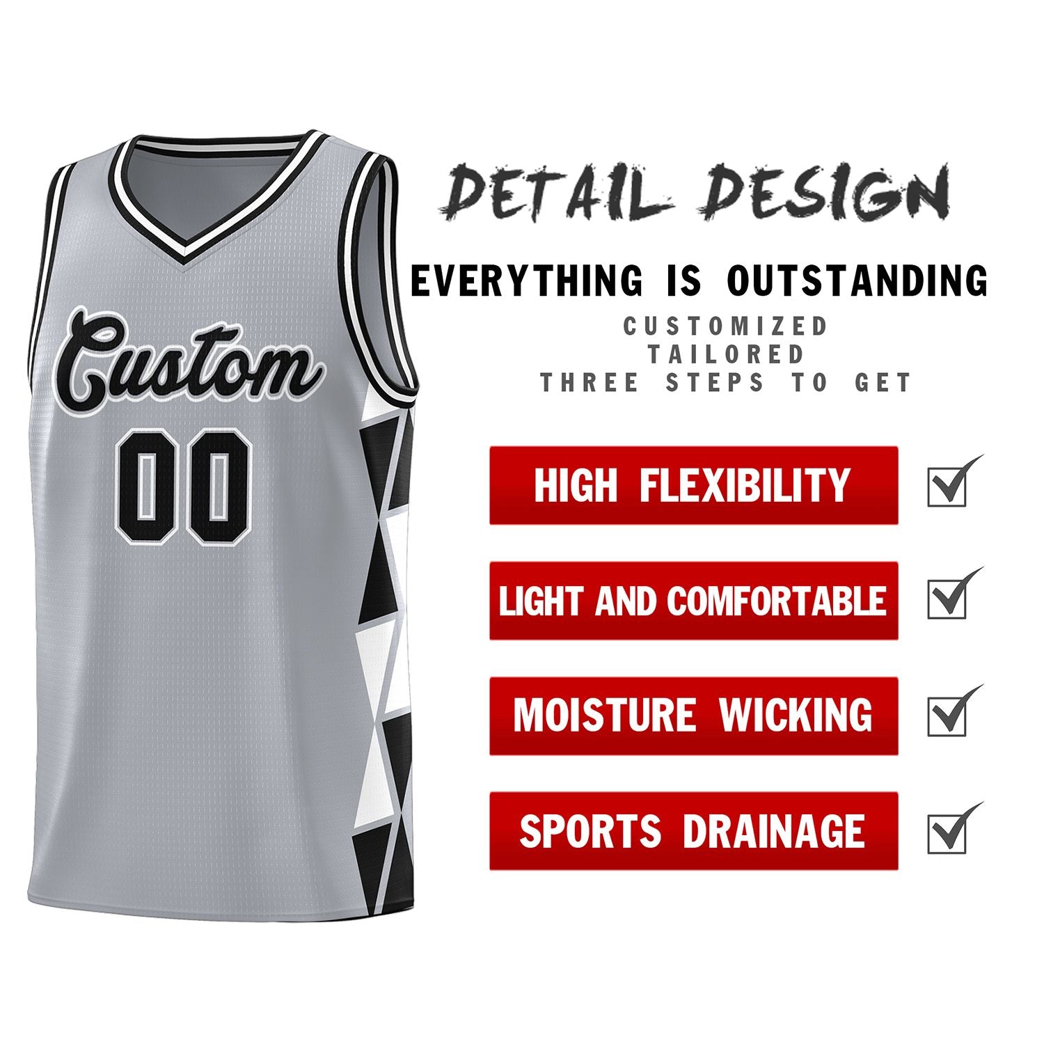 Custom Gray Black-White Side Two-Color Triangle Splicing Sports Uniform Basketball Jersey