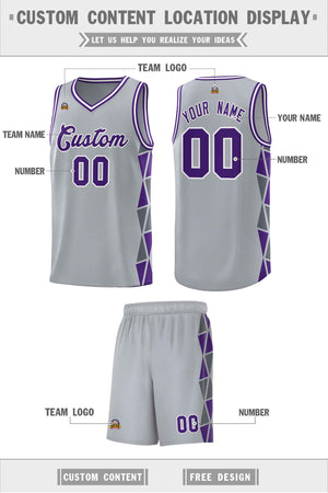 Custom Gray Purple-Dark Gray Side Two-Color Triangle Splicing Sports Uniform Basketball Jersey