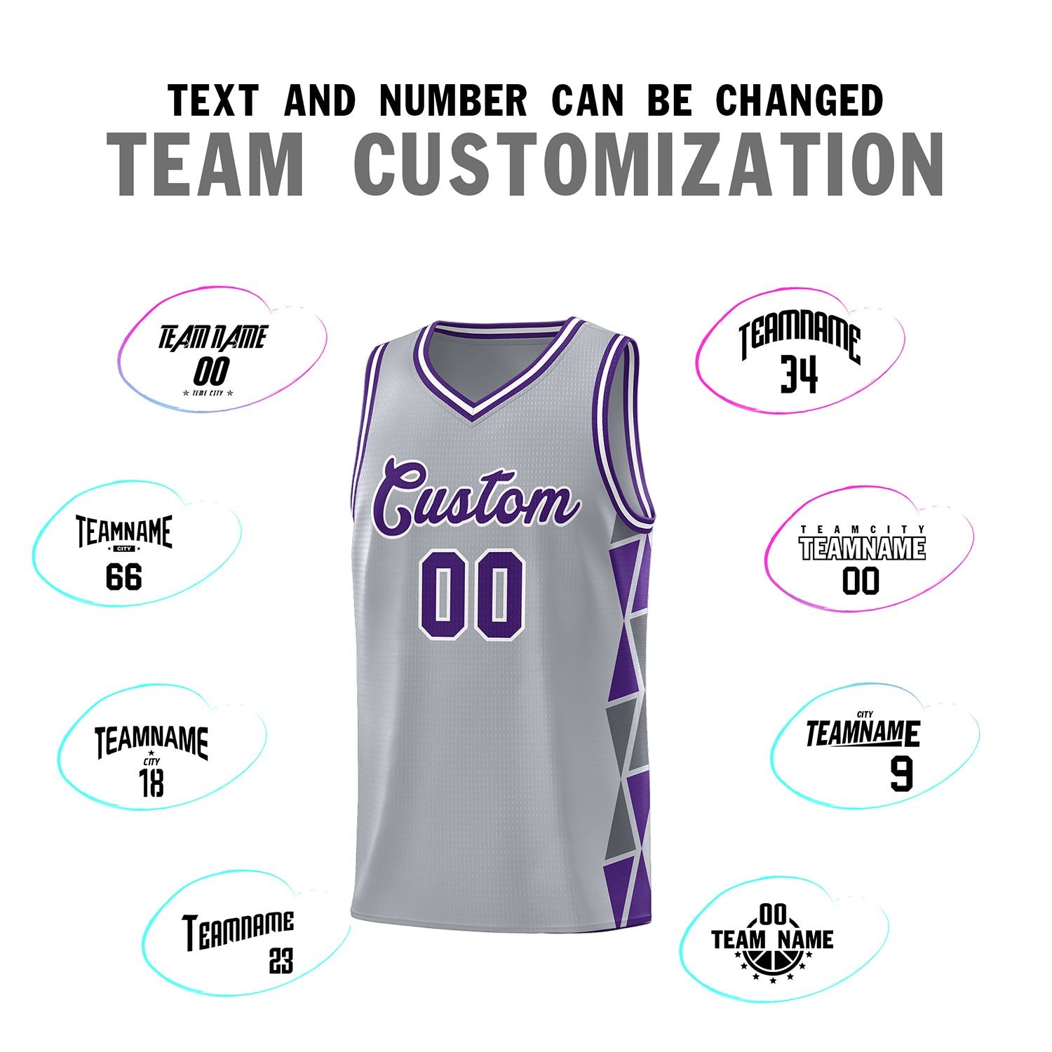 Custom Gray Purple-Dark Gray Side Two-Color Triangle Splicing Sports Uniform Basketball Jersey