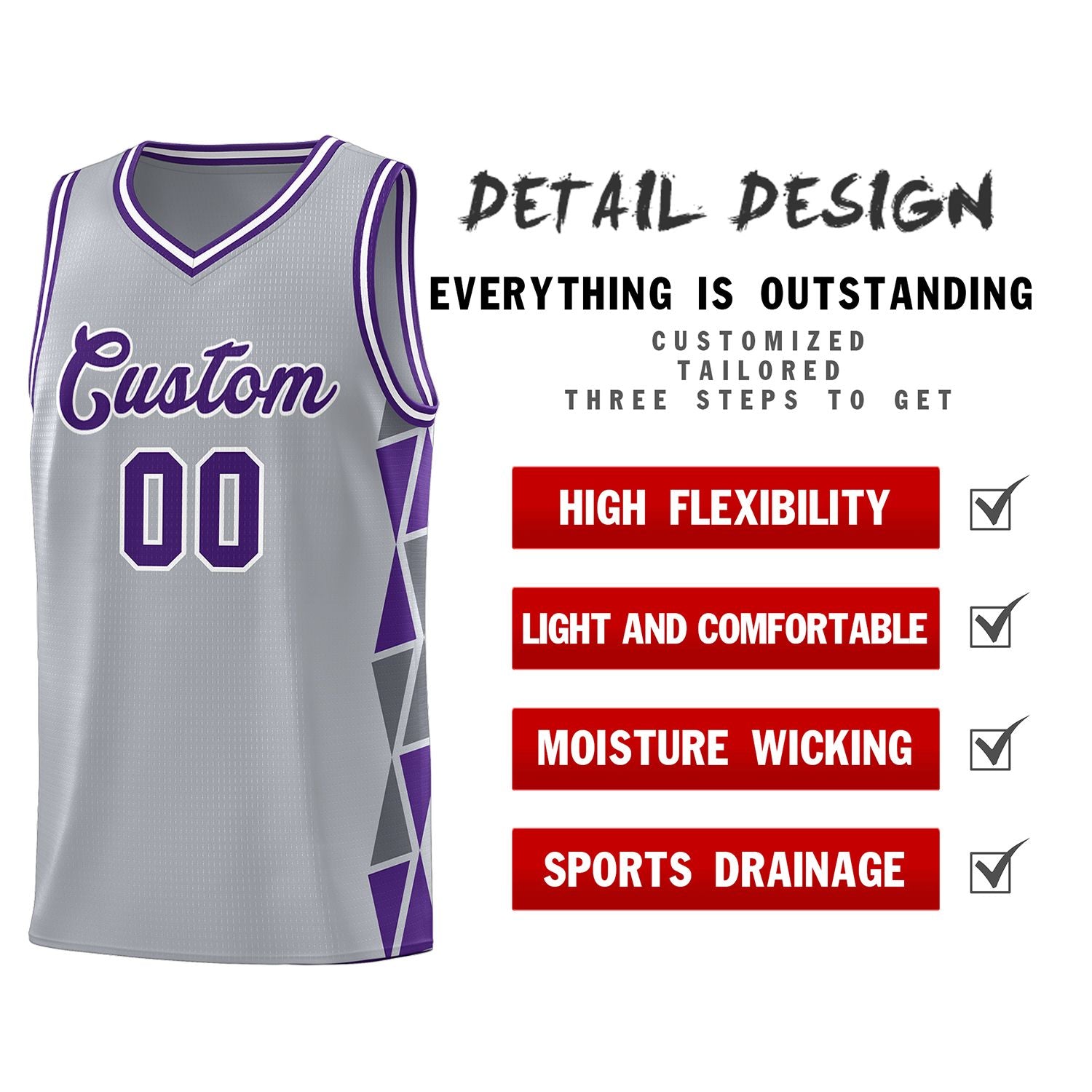 Custom Gray Purple-Dark Gray Side Two-Color Triangle Splicing Sports Uniform Basketball Jersey