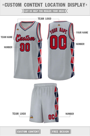 Custom Gray Red-Navy Side Two-Color Triangle Splicing Sports Uniform Basketball Jersey