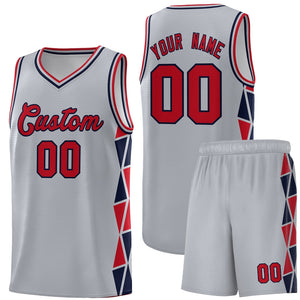 Custom Gray Red-Navy Side Two-Color Triangle Splicing Sports Uniform Basketball Jersey