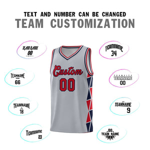 Custom Gray Red-Navy Side Two-Color Triangle Splicing Sports Uniform Basketball Jersey