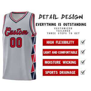 Custom Gray Red-Navy Side Two-Color Triangle Splicing Sports Uniform Basketball Jersey