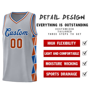 Custom Gray Royal-Texas Orange Side Two-Color Triangle Splicing Sports Uniform Basketball Jersey