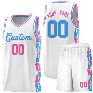 Custom White Pink-Powder Blue Side Two-Color Triangle Splicing Sports Uniform Basketball Jersey