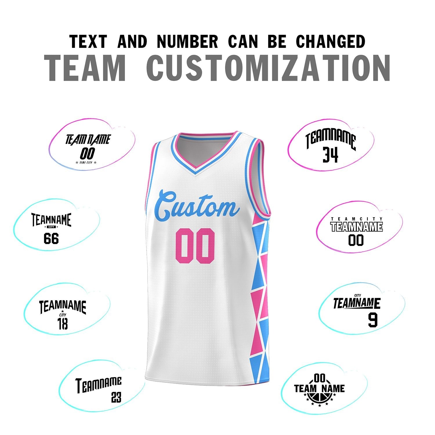 Custom White Pink-Powder Blue Side Two-Color Triangle Splicing Sports Uniform Basketball Jersey