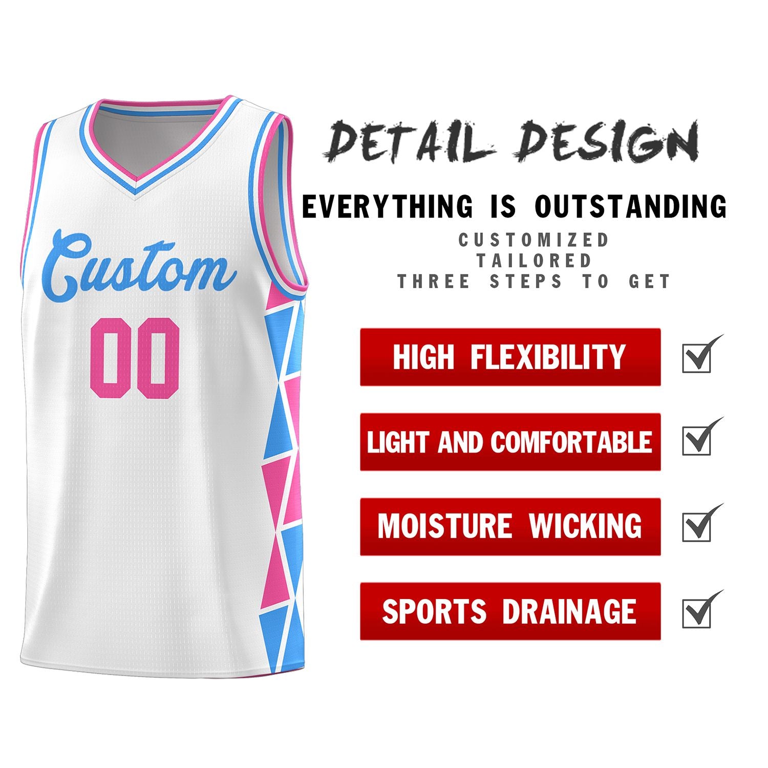 Custom White Pink-Powder Blue Side Two-Color Triangle Splicing Sports Uniform Basketball Jersey