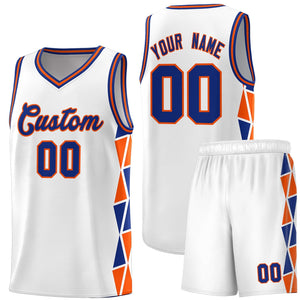 Custom White Royal-Orange Side Two-Color Triangle Splicing Sports Uniform Basketball Jersey