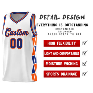 Custom White Royal-Orange Side Two-Color Triangle Splicing Sports Uniform Basketball Jersey