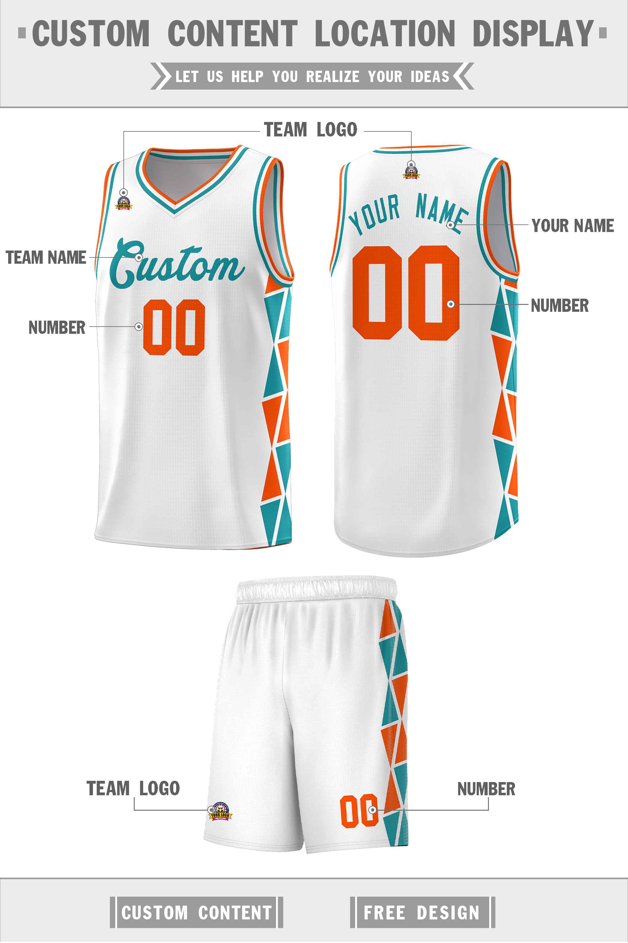 Custom White Orange-Aqua Side Two-Color Triangle Splicing Sports Uniform Basketball Jersey