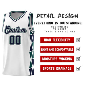 Custom White Navy-Midnight Green Side Two-Color Triangle Splicing Sports Uniform Basketball Jersey