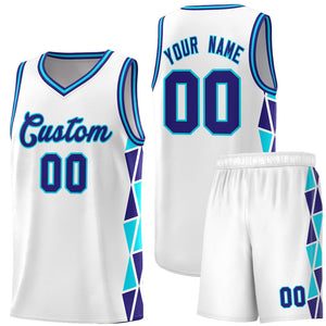 Custom White Violet-Sky Blue Side Two-Color Triangle Splicing Sports Uniform Basketball Jersey