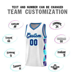 Custom White Violet-Sky Blue Side Two-Color Triangle Splicing Sports Uniform Basketball Jersey