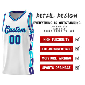 Custom White Violet-Sky Blue Side Two-Color Triangle Splicing Sports Uniform Basketball Jersey