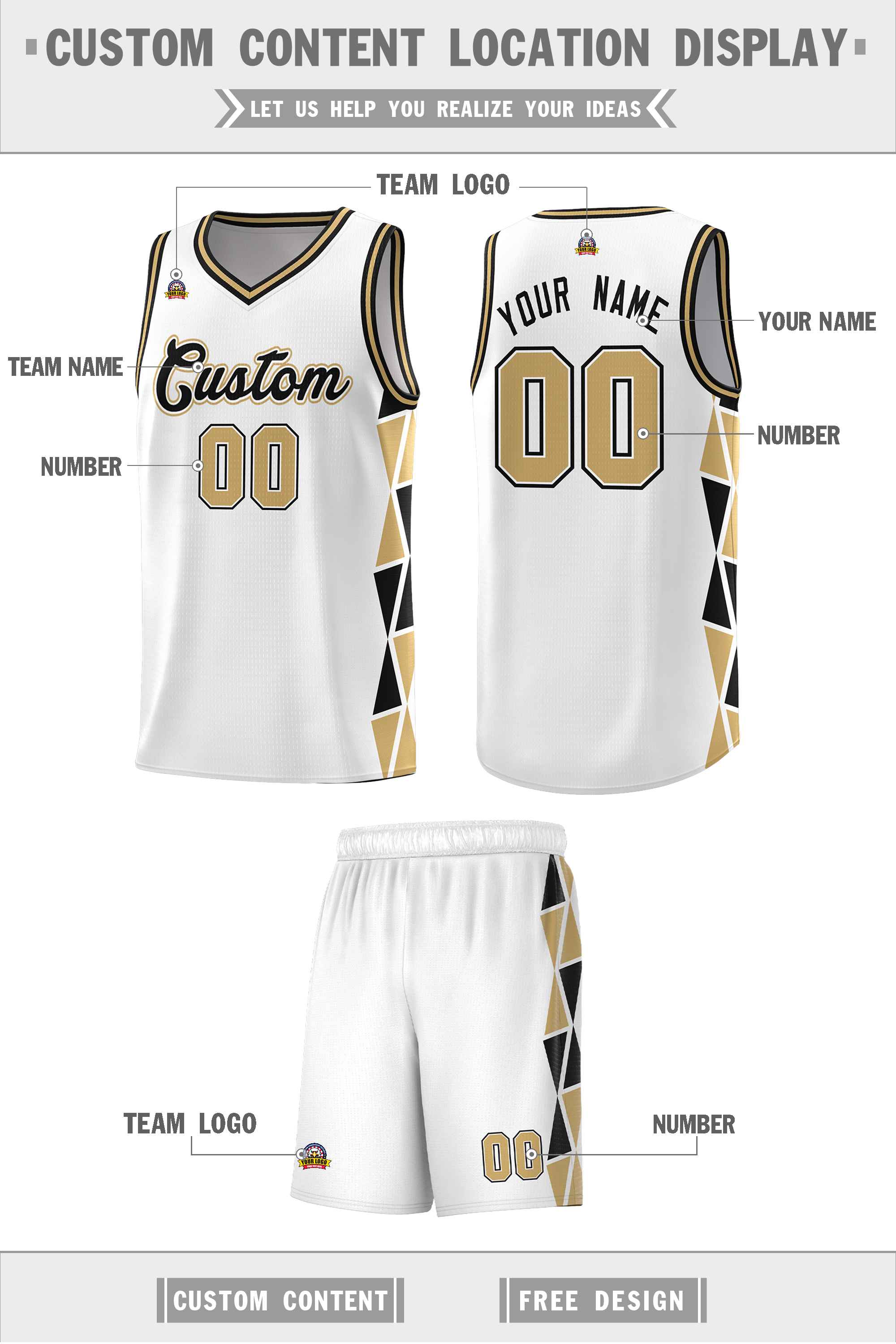 Custom White Black-Old Gold Side Two-Color Triangle Splicing Sports Uniform Basketball Jersey