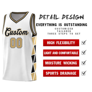 Custom White Black-Old Gold Side Two-Color Triangle Splicing Sports Uniform Basketball Jersey