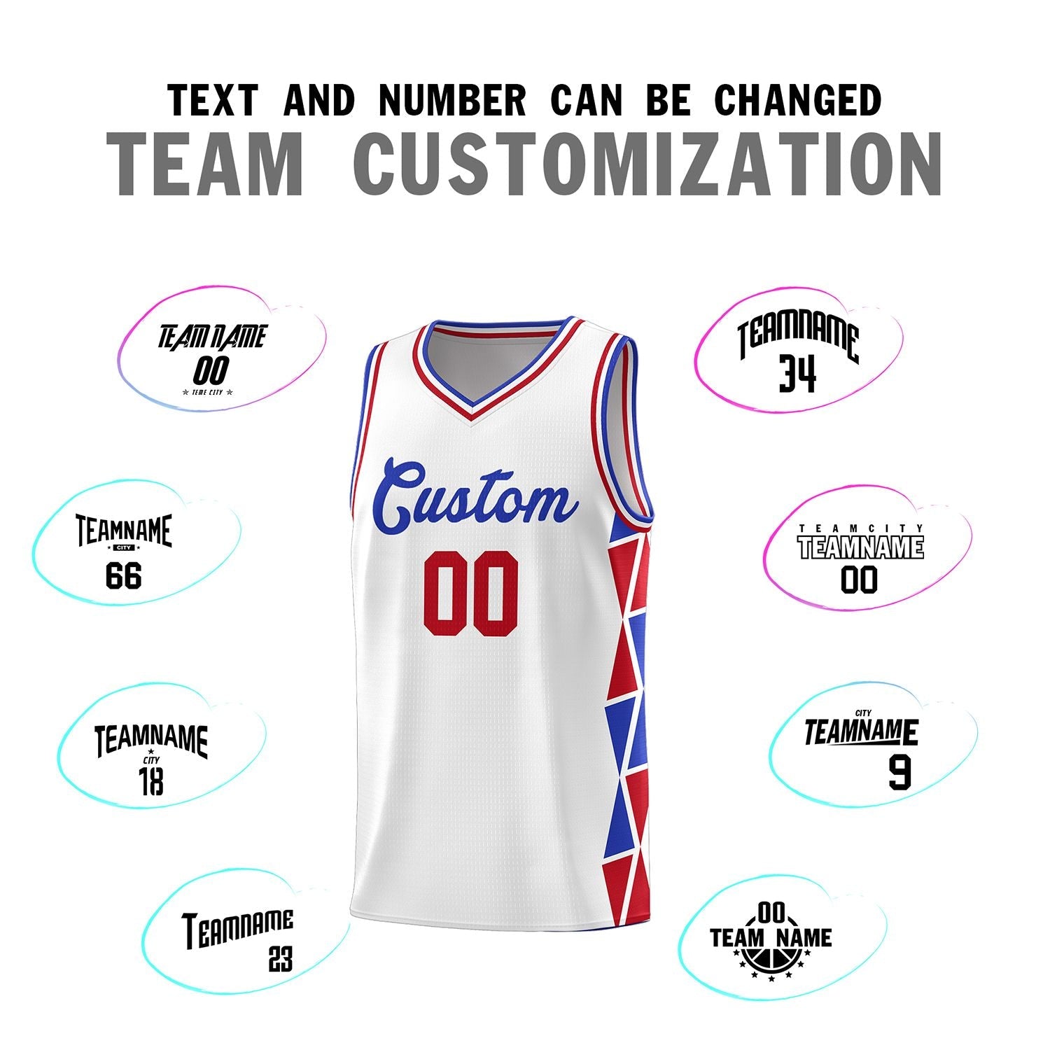 Custom White Royal-Red Side Two-Color Triangle Splicing Sports Uniform Basketball Jersey