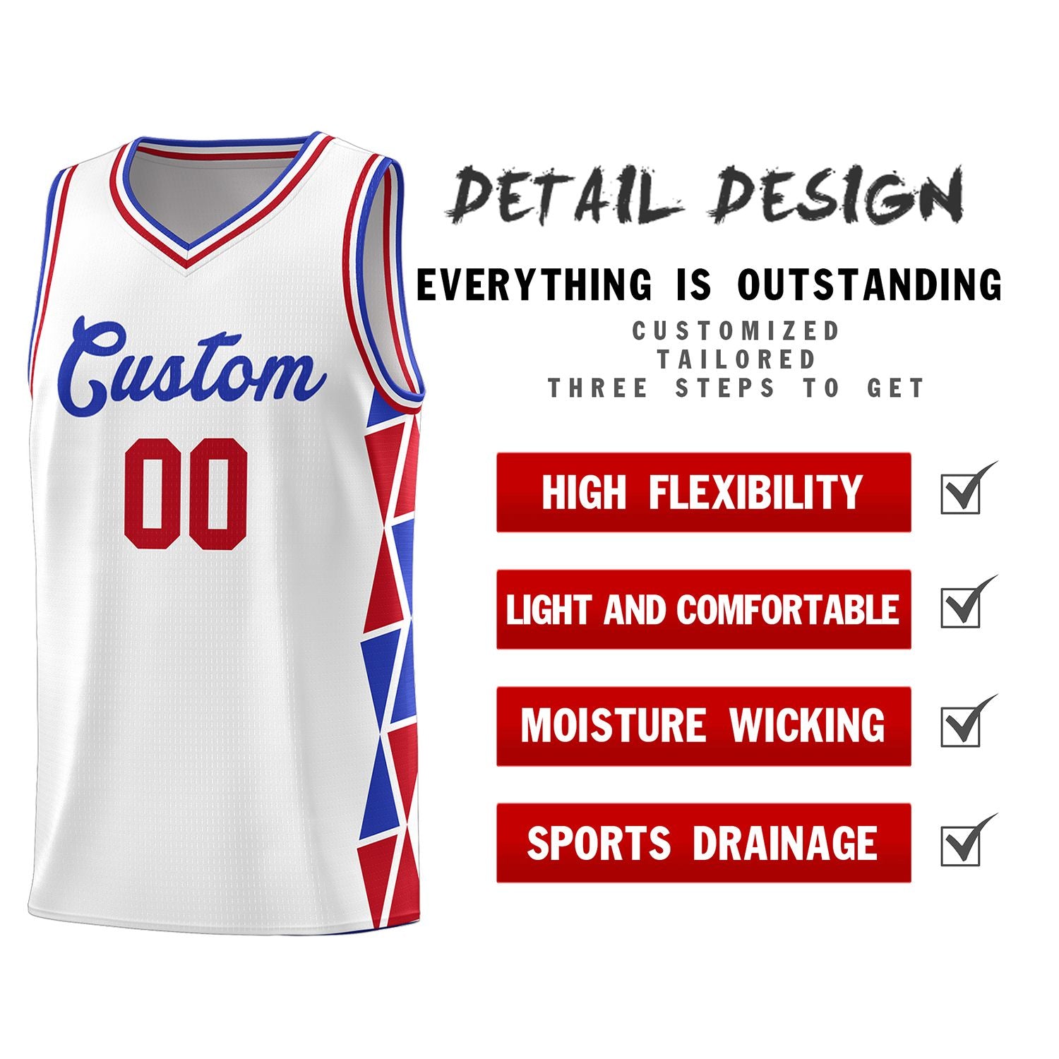 Custom White Royal-Red Side Two-Color Triangle Splicing Sports Uniform Basketball Jersey