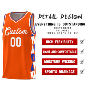 Custom Orange Royal-White Side Two-Color Triangle Splicing Sports Uniform Basketball Jersey